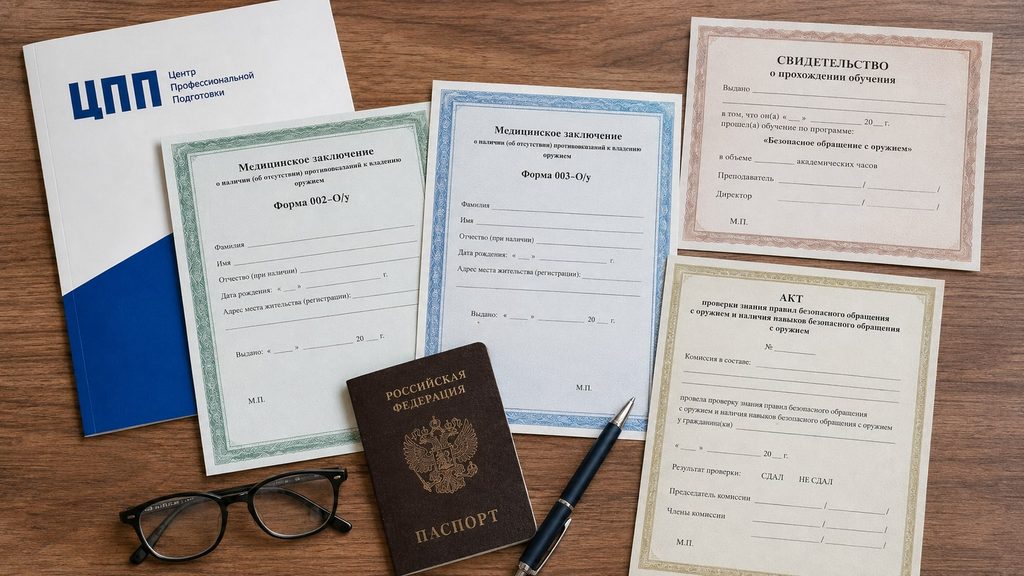 Медицинские заключения 002-О/у и 003-О/у, свидетельство и акт проверки знаний для получения лицензии на оружие